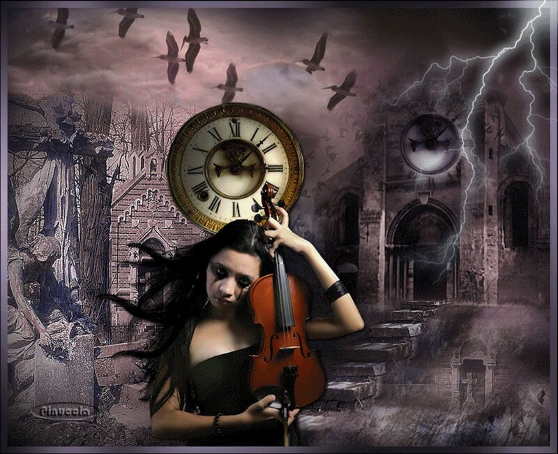 Woman Playing Violin — Purple, Dramatic, Night, Digital Art, Clocks
