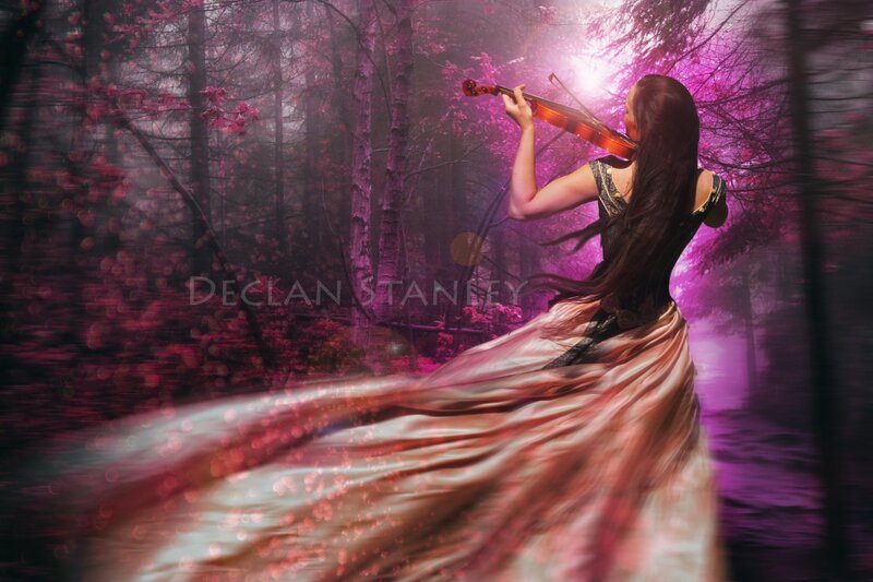 Woman Playing Violin — Purple, Dramatic, Night, Digital Art, Forest