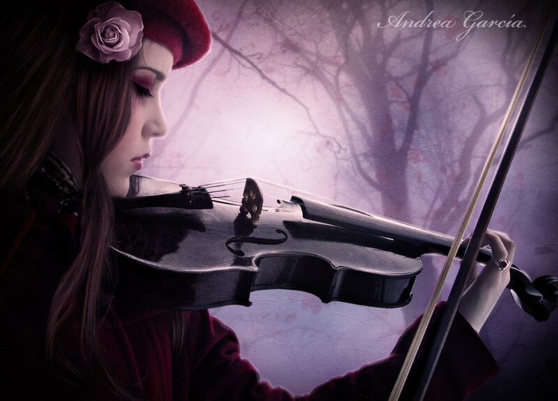 Woman Playing Violin — Purple, Dramatic, Night, Digital Art, Hat