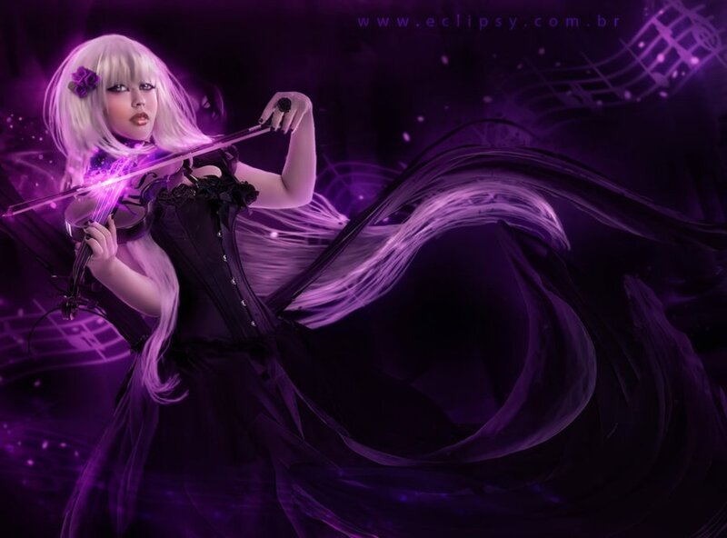 Woman Playing Violin — Purple, Dramatic, Night, Digital Art, Music Notes