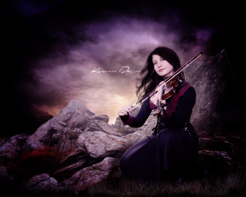 Woman Playing Violin — Purple, Dramatic, Night, Digital Art
