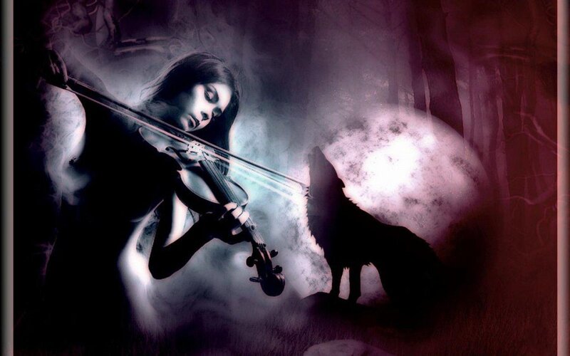 Woman Playing Violin — Purple, Dramatic, Night, Digital Art, Wolf