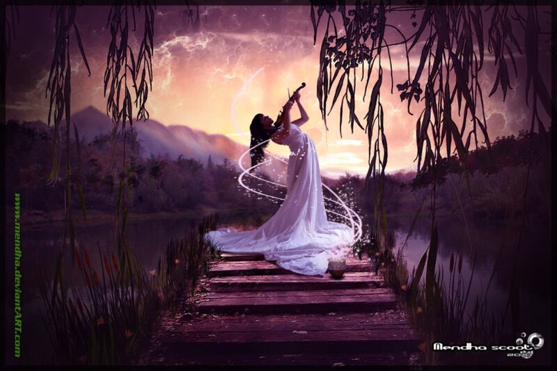 Woman Playing Violin — Purple, Dramatic, Sunset, Digital Art, Bridge
