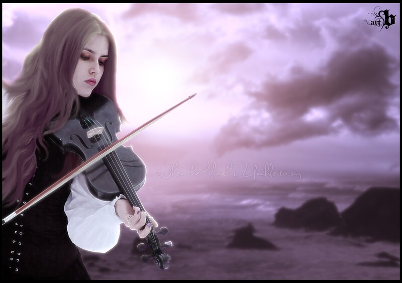 Woman Playing Violin — Purple, Dramatic, Sunset, Digital Art, Ocean