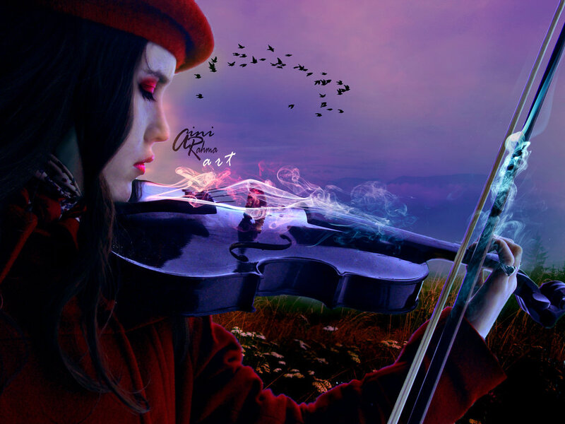 Woman Playing Violin — Purple, Dramatic, Sunset, Digital Art
