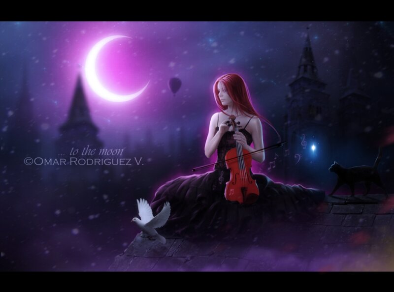 Woman Playing Violin — Purple, Dreamy, Night