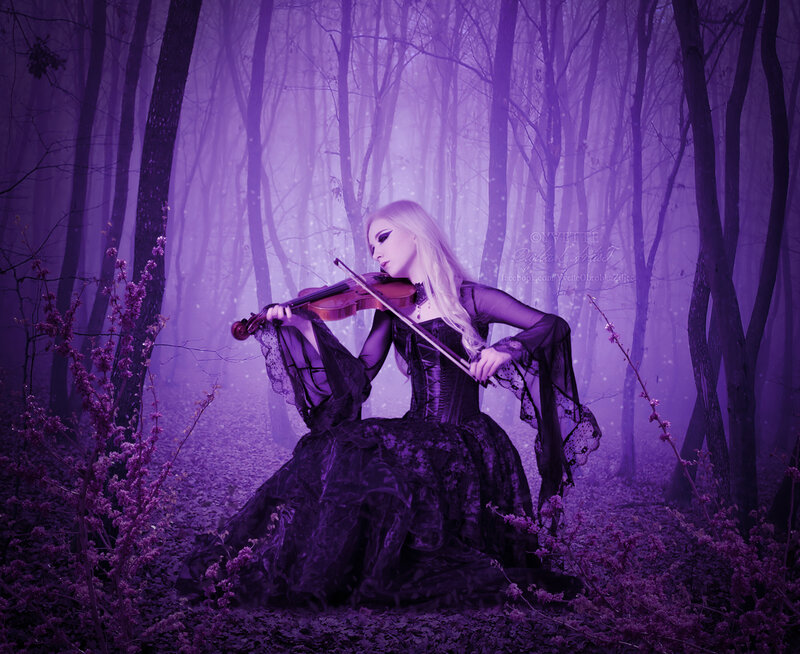 Woman Playing Violin — Purple, Mystical, Night, Digital Art, Forest