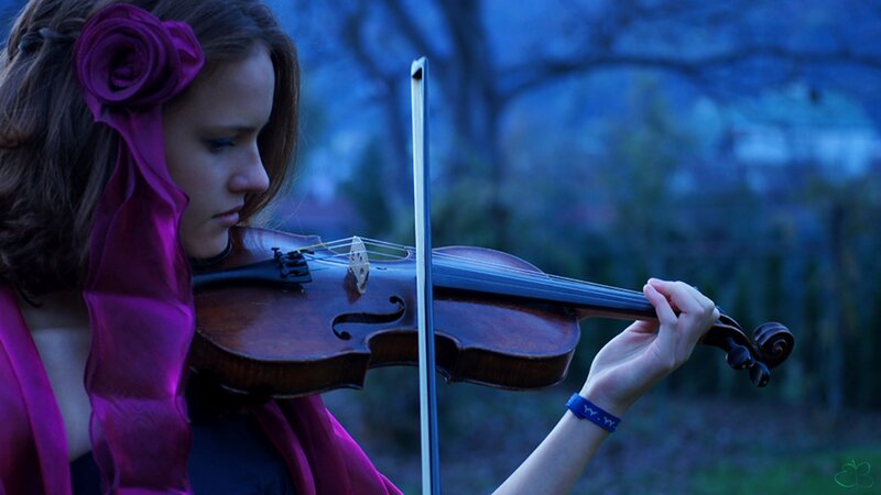 Woman Playing Violin — Purple, Serene, Night, Photograph