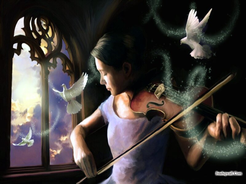 Woman Playing Violin — Purple, Serene, Night