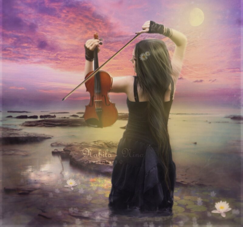 Woman Playing Violin — Purple, Serene, Sunset