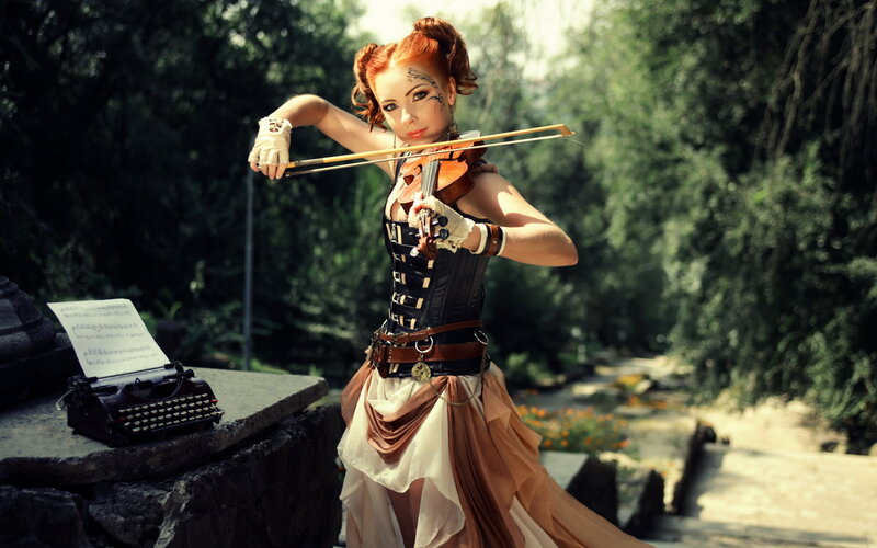Woman Playing Violin — Red, Dramatic, Afternoon, Photograph, Typewriter