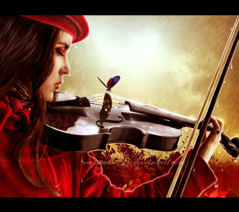 Woman Playing Violin — Red, Dramatic, Afternoon