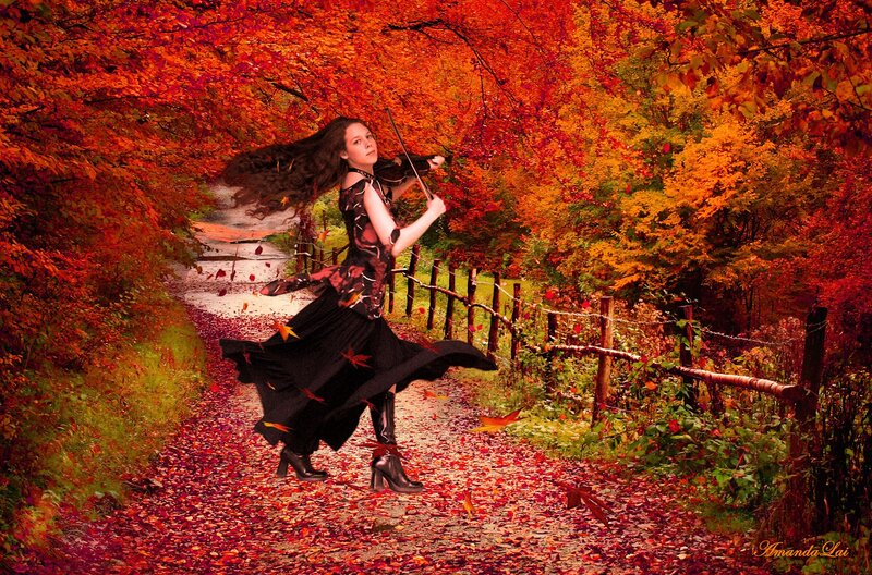 Woman Playing Violin — Red, Dramatic, Autumn, Digital Art