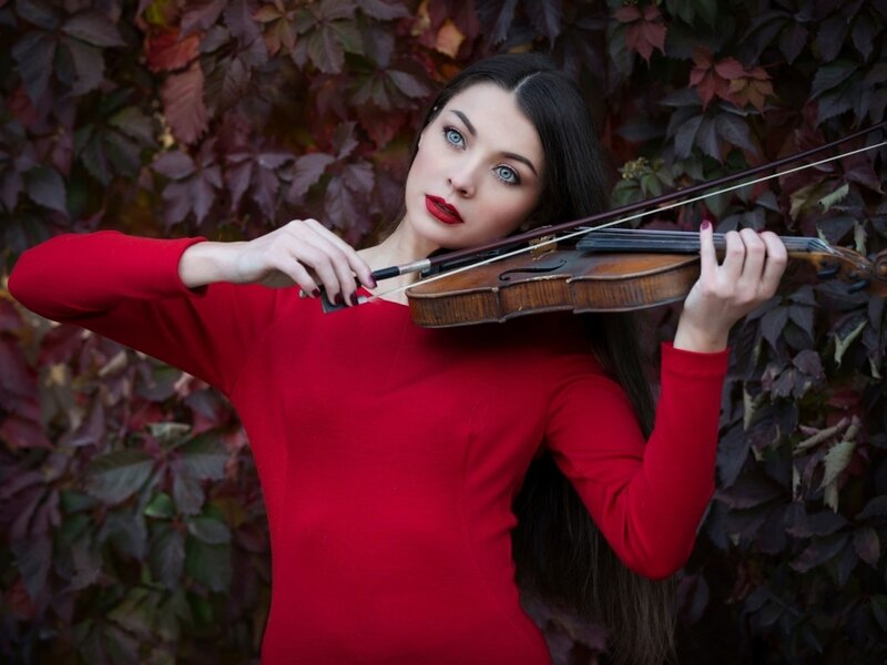Woman Playing Violin — Red, Dramatic, Autumn, Photograph