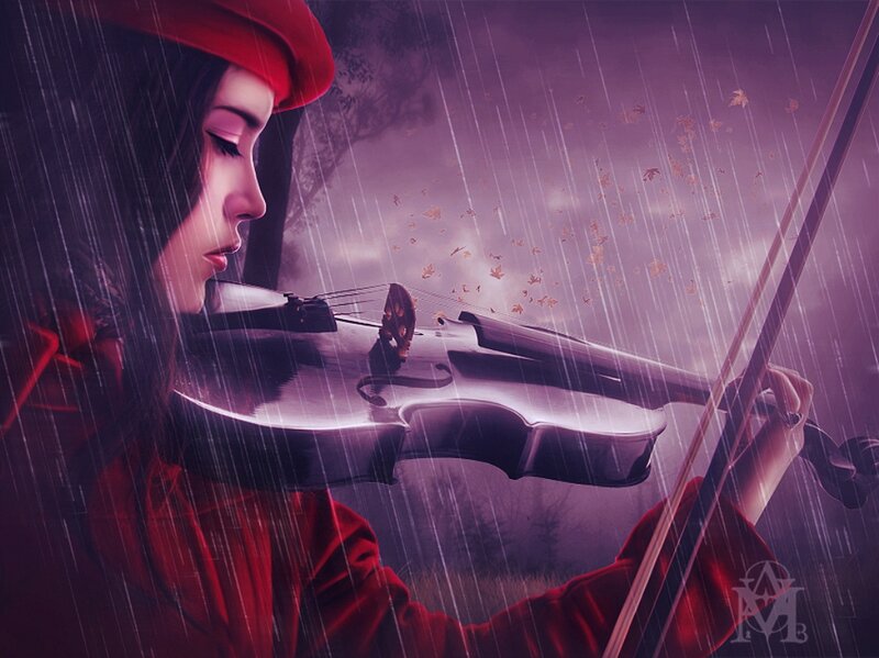 Woman Playing Violin — Red, Dramatic, Autumn