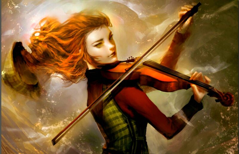 Woman Playing Violin — Red, Dramatic, Digital Art, Bow