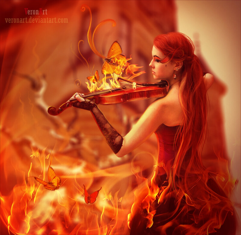 Woman Playing Violin — Red, Dramatic, Digital Art, Fire