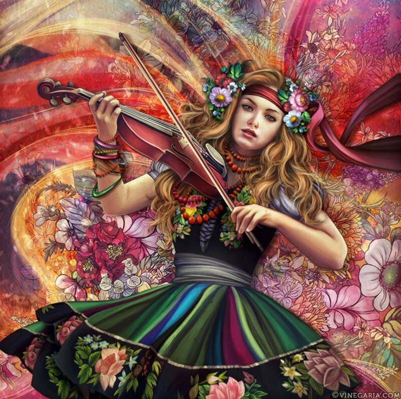 Woman Playing Violin — Red, Dramatic, Digital Art, Flower Crown