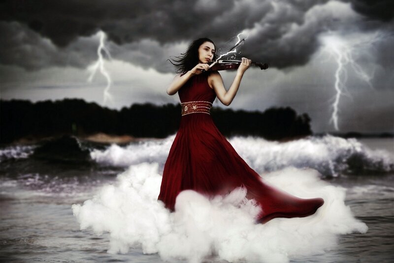 Woman Playing Violin — Red, Dramatic, Digital Art, Lightning