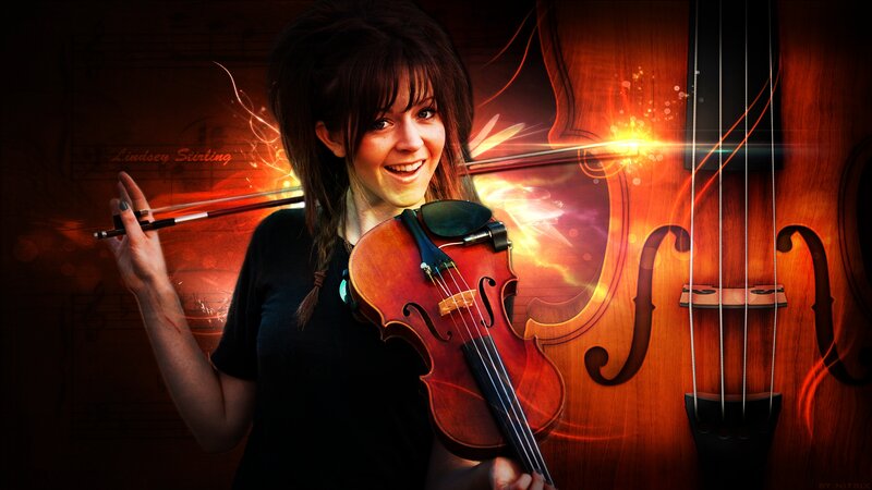 Woman Playing Violin — Red, Dramatic, Digital Art, Music Notes