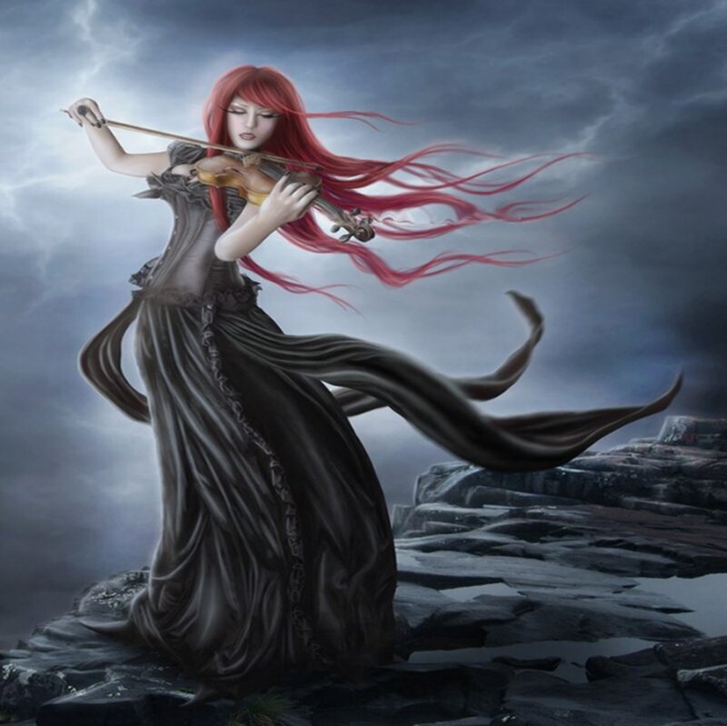 Woman Playing Violin — Red, Dramatic, Digital Art, Rocks