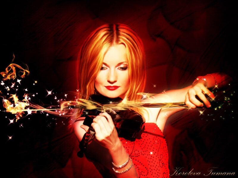Woman Playing Violin — Red, Dramatic, Digital Art, Sparkles