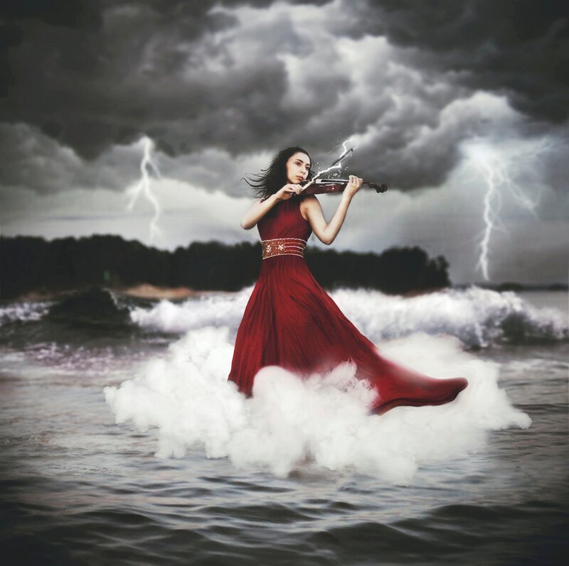 Woman Playing Violin — Red, Dramatic, Digital Art, Storm