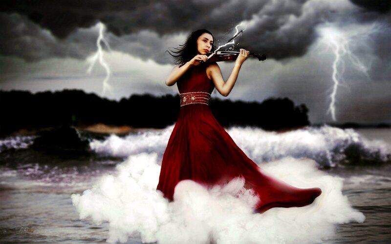 Woman Playing Violin — Red, Dramatic, Digital Art