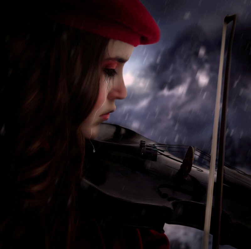 Woman Playing Violin — Red, Dramatic, Night, Digital Art, Beret