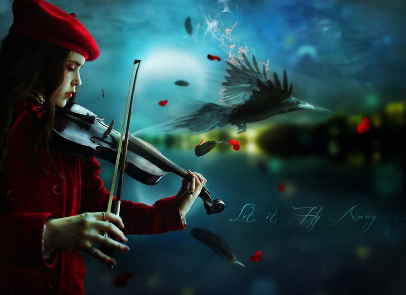 Woman Playing Violin — Red, Dramatic, Night, Digital Art, Bird