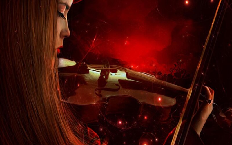 Woman Playing Violin — Red, Dramatic, Night, Digital Art, Bow, Long Hair