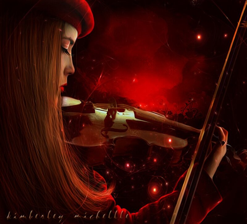 Woman Playing Violin — Red, Dramatic, Night, Digital Art, Bow