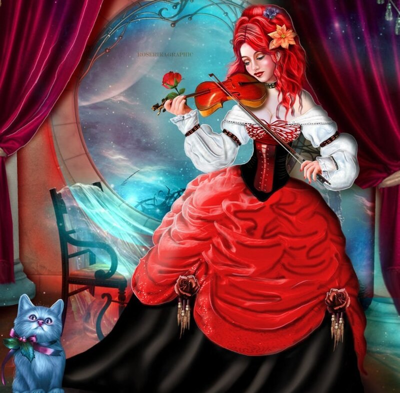 Woman Playing Violin — Red, Dramatic, Night, Digital Art, Cat