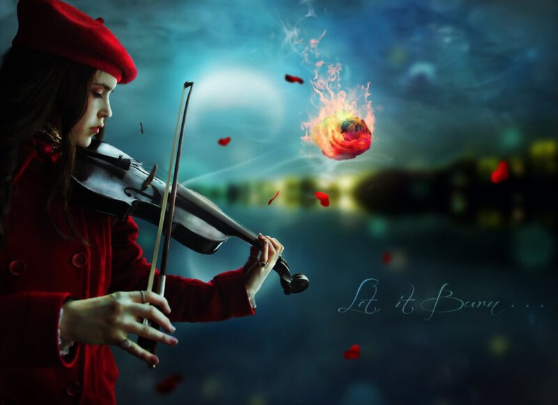 Woman Playing Violin — Red, Dramatic, Night, Digital Art, Fireball