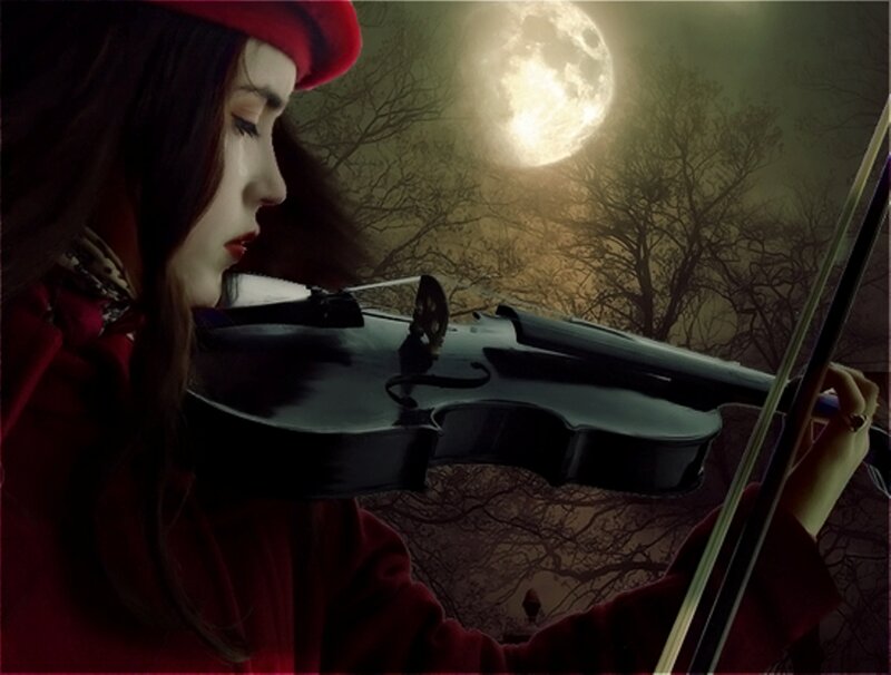 Woman Playing Violin — Red, Dramatic, Night, Digital Art, Moon