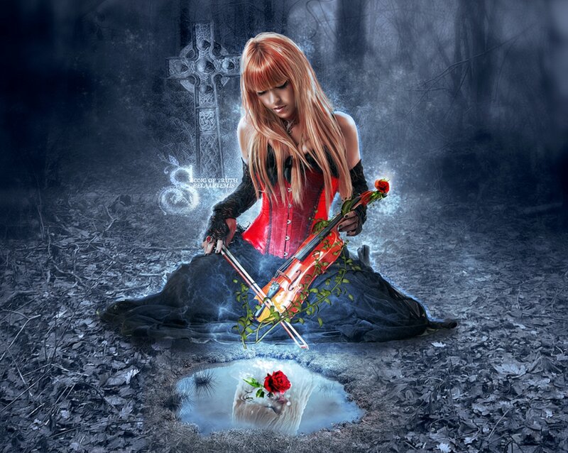 Woman Playing Violin — Red, Dramatic, Night, Digital Art, Rose