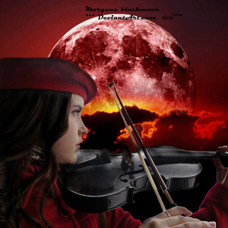 Woman Playing Violin — Red, Dramatic, Night, Digital Art