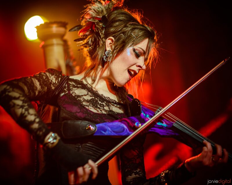 Woman Playing Violin — Red, Dramatic, Night, Photograph