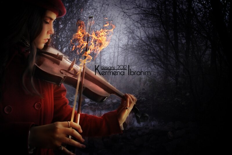 Woman Playing Violin — Red, Dramatic, Night