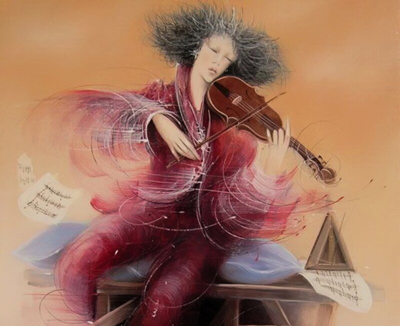 Woman Playing Violin — Red, Dramatic, Painting, Music Sheets