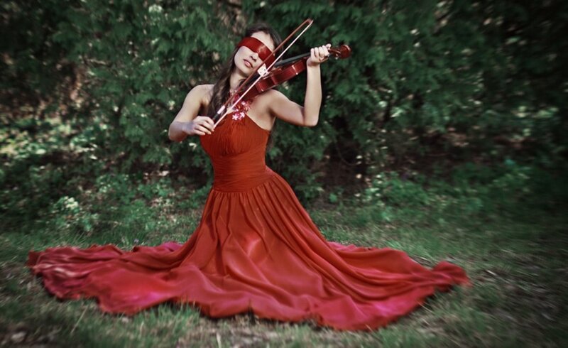 Woman Playing Violin — Red, Dramatic, Photograph, Blindfold