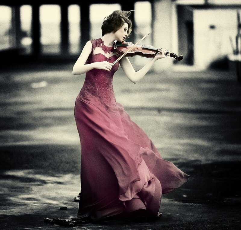 Woman Playing Violin — Red, Dramatic, Photograph, Dress, Building