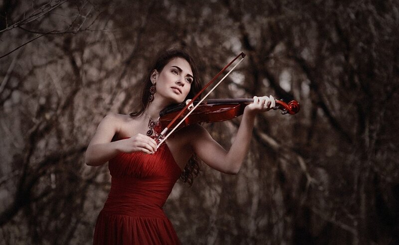 Woman Playing Violin — Red, Dramatic, Photograph, Dress