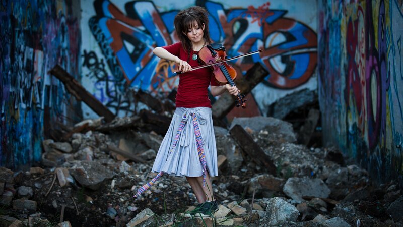 Woman Playing Violin — Red, Dramatic, Photograph, Graffiti, Rubble
