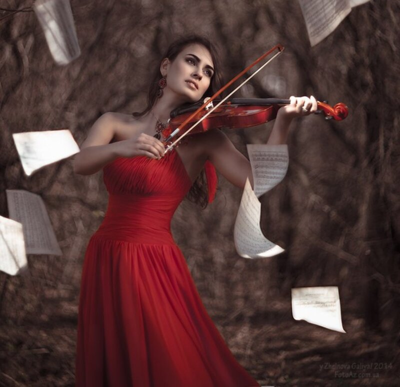 Woman Playing Violin — Red, Dramatic, Photograph, Music Sheets