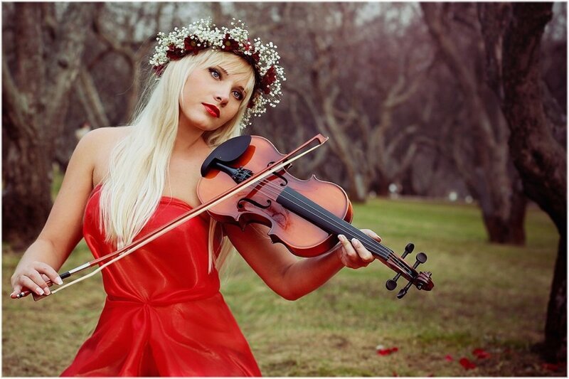 Woman Playing Violin — Red, Dramatic, Spring, Photograph