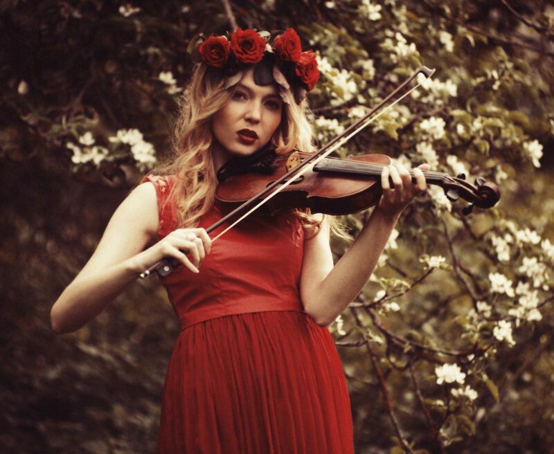 Woman Playing Violin — Red, Dramatic, Spring