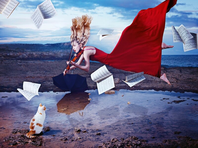 Woman Playing Violin — Red, Dramatic, Sunset, Digital Art, Cat