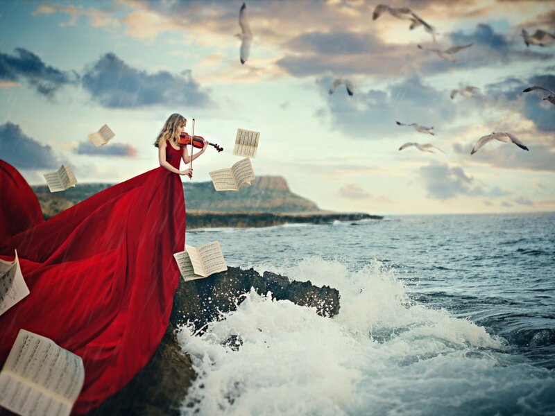 Woman Playing Violin — Red, Dramatic, Sunset, Digital Art, Seagulls