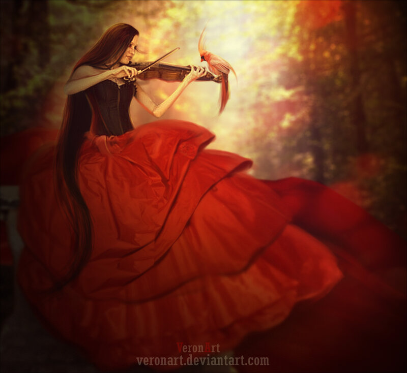 Woman Playing Violin — Red, Dramatic, Sunset, Digital Art